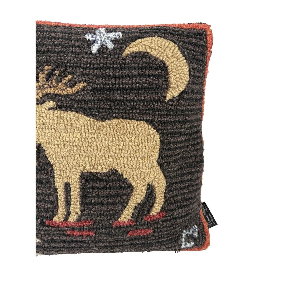 Chandler 4 Corners 18x18 Hooked Wool Pillow Night Moose Laura Megroz Cabin Decor